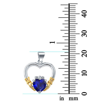 Claddagh Charm Heart Pendant Simulated Blue Sapphire CZ 925 Sterling Silver (21mm)